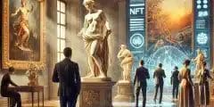 صورة لمعرض فني فاخر يجمع بين اللوحات والمنحوتات الكلاسيكية والشاشات الرقمية لعرض فن الـ NFTs، مع حضور مستثمرين وهواة جمع الأعمال الفنية في أجواء راقية ومبتكرة.