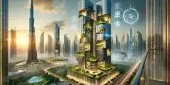 تصميم معماري مستقبلي يعرض ناطحات سحاب فاخرة ضمن مشاريع داماك العقارية، مع واجهات زجاجية وإضاءة ذهبية، يعكس الفخامة والابتكار في الهندسة المعمارية الحديثة.
